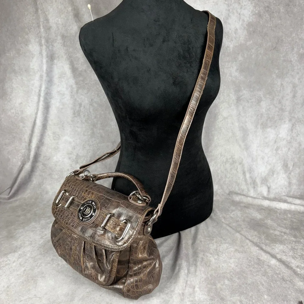 Vtg Y2K Nine West Brown Croc Embossed Faux Leather Purse Crossbody Silver Tonr